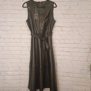 Chartou Womens Faux Leather Sleeveless Midi Dress Black Belted Zip Back XL NEW